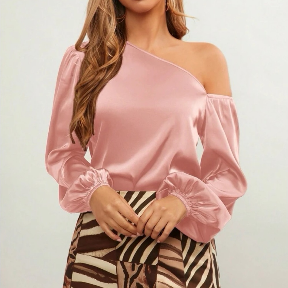 Luxe Satin Asymmetrical Neck Off One Shoulder Long Sleeve Satin Top Blouse - Picture 1 of 16